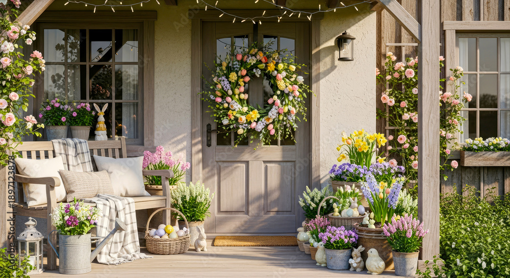 Fototapeta premium Cozy Easter porch decoration with floral wreath, potted spring flowers, bench, cushions and lantern. Perfect for festive design ideas, seasonal holiday celebrations.