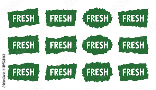 Fresh vector torn paper labels for healthy food promotion isolated on checkered background