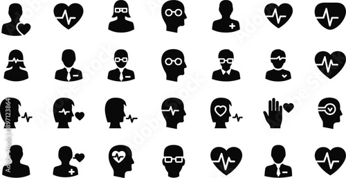 Healthcare people icons set with heart pulse head silhouettes medical symbols vector pictograms isolated on white background collection