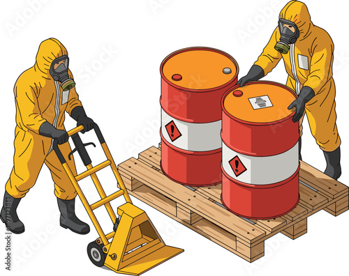 Hazmat workers handling chemical barrels on pallet with hand truck hazardous materials safety vector illustration isolated background