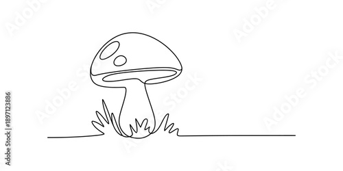 Continuous line drawing of a small mushroom growing from the ground in a minimalist style Vector, illustration