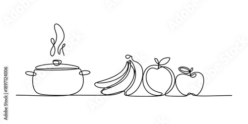 Continuous line art of a steaming cooking pot next to healthy fresh fruits Vector, illustration