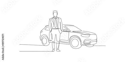 One-line art drawing of a man in a suit standing next to his suv vehicle Vector, illustration