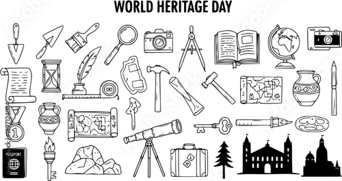 Hand Drawn Black and White Line Art Doodle Icons Set for World Heritage Day, Featuring History, Archaeology, Travel, and Cultural Heritage Elements