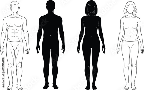 Human body silhouettes and outlines male female front view anatomy figures set black white isolated illustration medical design