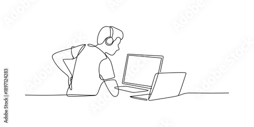 A person experiencing back pain while working on multiple laptops, continuous line art illustration Vector, illustration