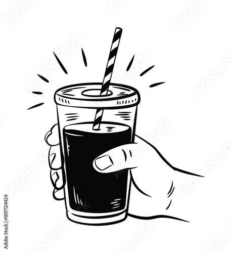 Hand Holding a Refreshing Drink with a Striped Straw and Sparkles Vector illustration