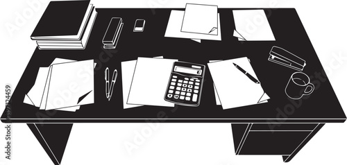 Desk with papers and calculator vector illustration, office work supplies illustration