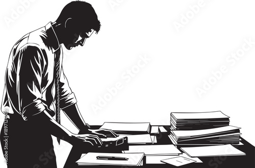 Man silhouette examining documents on desk vector illustration, a focused professional