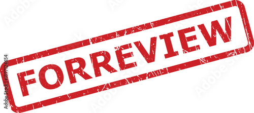 A red rectangular distressed traditional rubber stamp showing the words FORREVIEW against a simple white background