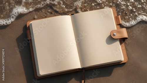 An open, empty notebook rests on a sandy beach, with gentle waves lapping nearby, inviting creativity and reflection.
