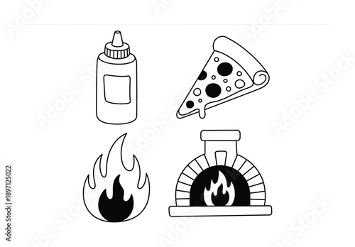 Hand-drawn Pizza, Sauce Bottle, Fire, and Pizza Oven Vector illustration
