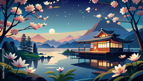 Very beautiful traditional Japanese woodblock style illustration of blossom flowers beside a calm lake at midnight, capturing poetic nature, vintage artistry, and tranquil outdoor atmosphere.
