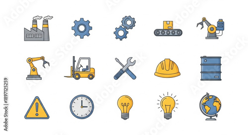 Set of industrial and manufacturing icons and symbols.