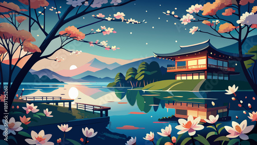 Very beautiful traditional Japanese woodblock style illustration of blossom flowers beside a calm lake at midnight, capturing poetic nature, vintage artistry, and tranquil outdoor atmosphere.