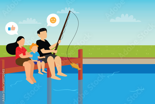 Happy Family Fishing Together on Wooden Pier 2d flat vector illustration