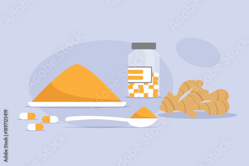 Turmeric and Ginger Natural Supplements Concept with Powder, Capsules, and Root 2d flat vector illustration