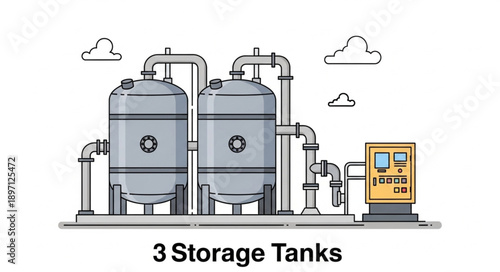 Industrial storage tanks with pipes and control panel illustration.