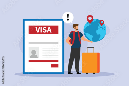 Global Travel and Visa Application Concept with Tourist, Globe, and Suitcase 2d flat vector illustration