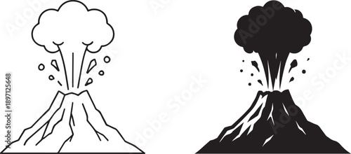 Volcano black silhouette and outline icon, erupting mountain symbol for nature and geology.