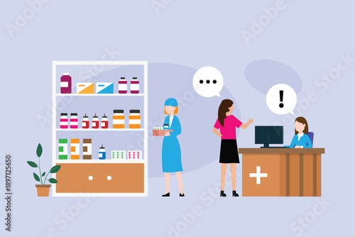 Pharmacy Service Concept with Pharmacist, Customer, and Medicine Shelves 2d flat vector illustration