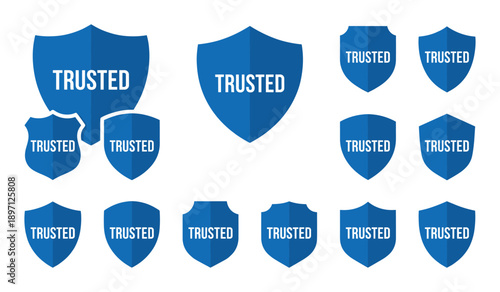 Shields trusted label collection set flat design business and marketing isolated vector