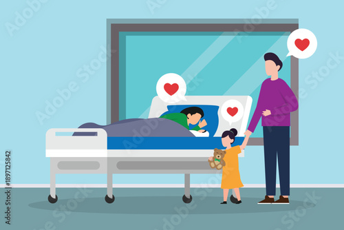 Family visiting child in hospital ward with doctor providing support 2d flat vector illustration
