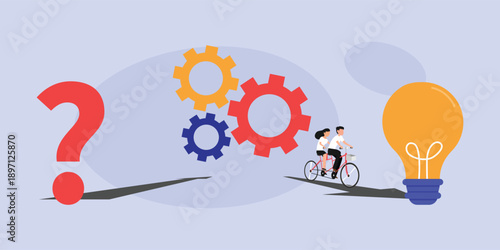 Business team riding tandem bike with lightbulb and gears 2d flat vector illustration