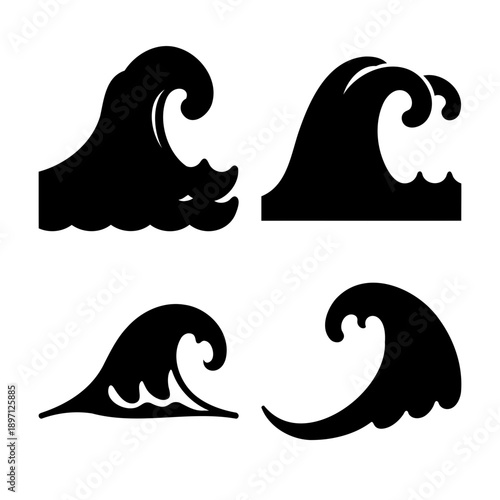 Four distinct black silhouette wave designs capturing the dynamic motion of ocean water