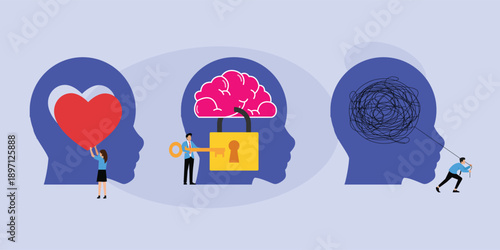 Mental health and psychology concept with emotional intelligence and therapy 2d flat vector illustration