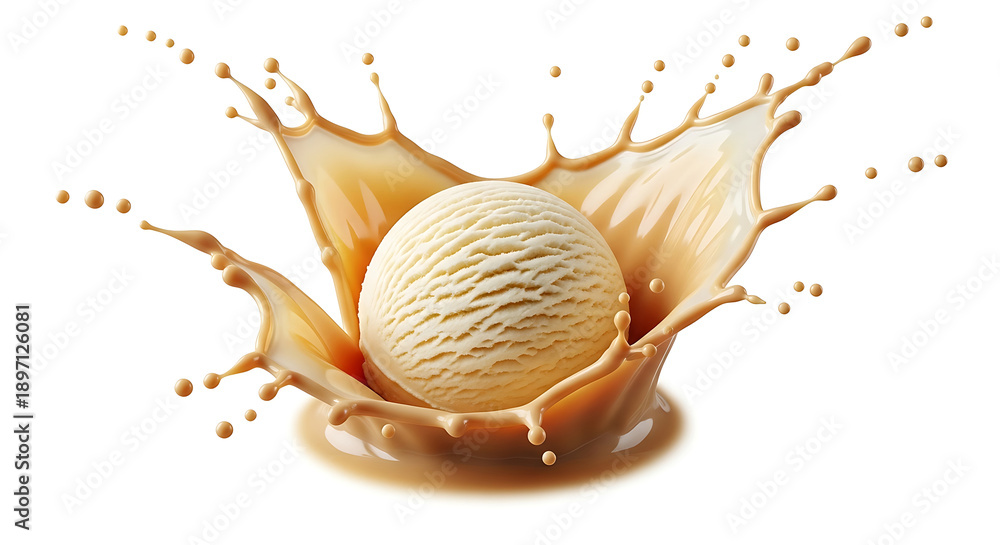 Fototapeta premium a creamy vanilla ice cream scoop splashing into rich golden caramel sauce creating dynamic ripples perfect for illustrating sweet desserts.