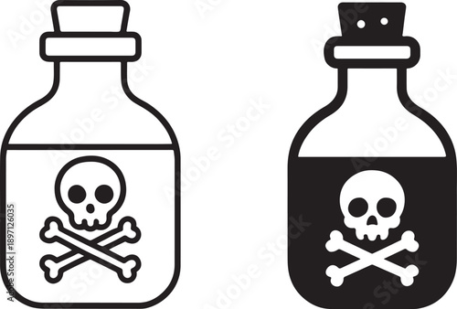 Glass poison bottle black silhouette and outline icon, toxic warning symbol for danger design.