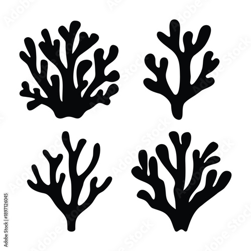 Stylized black silhouettes of diverse coral and seaweed forms on a pristine white background