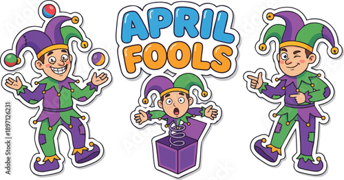 Cartoon Jester Characters with April Fools Text.