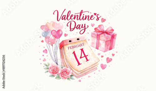 Valentines Day Watercolor Calendar Rose Gift Balloon Heart Illustration

