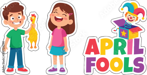 Cartoon Characters with April Fools Text.