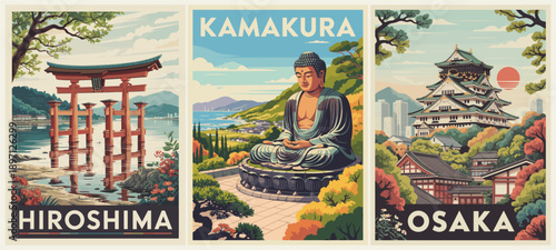 Mid century style travel poster triptych of Japan featuring Hiroshima torii gate, Kamakura Buddha, and Osaka Castle in retro colors and bold typography.