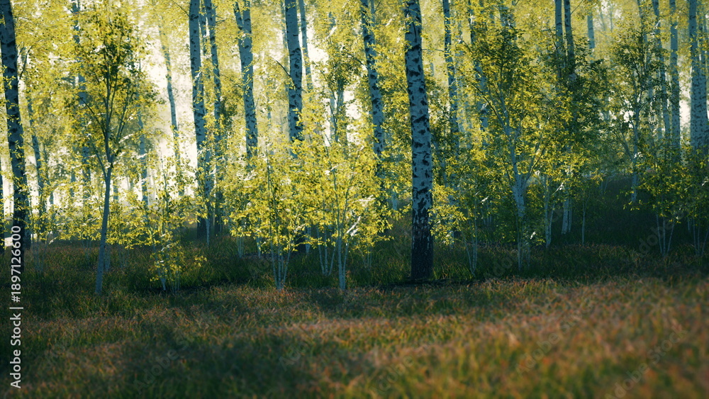 Fototapeta premium Sunlight filters through fresh green leaves in a peaceful forest. Tall trees stand proudly in a lush setting, inviting exploration and tranquility at dawn.