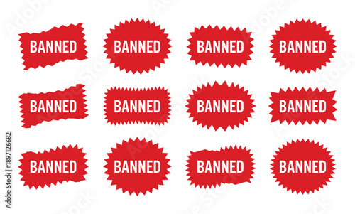 Twelve red banned label sticker vector shape design set isolated on transparent background