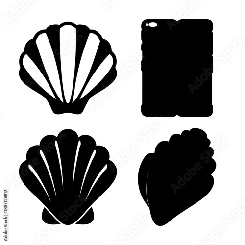 A versatile set of black silhouettes featuring various seashells and a modern device case