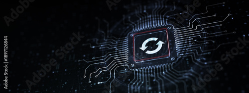 Software Update Ensuring System Efficiency Illustrated on a Processor Touched by a Human Hand.