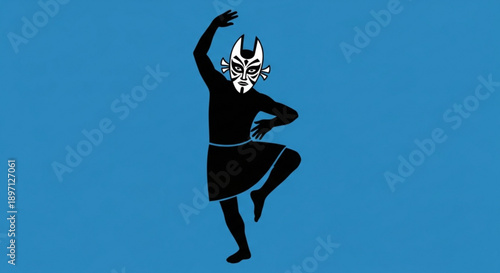 Dancer Wearing Mask Performing Dance Move on Blue Background