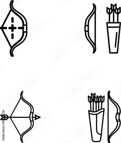 archery equipment icons including bows and arrows in quiver