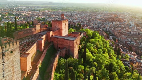 Aerial view of the Alhambra palace at sunset in Granada, Andalusia, Spain