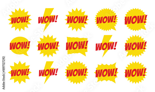 Yellow cartoon wow speech bubbles vector set isolated on transparent background for design