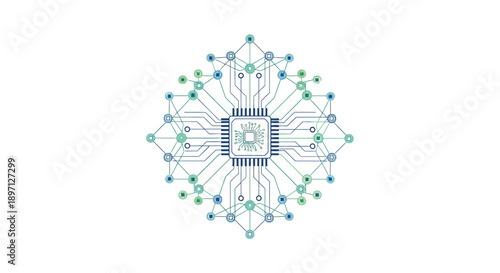 Central processing unit connecting with an intricate network of digital nodes forming a complex structure