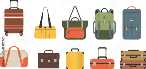 Travel bags collection suitcase backpack duffel handbag luggage set flat vector illustration isolated accessories tourism design