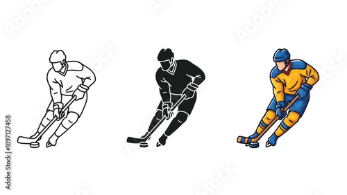 Ice hockey player skating and shooting puck set of three illustrations outline, silhouette, and color graphic