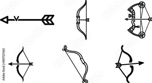 Set of six different bow and arrow designs for archery and hunting purposes