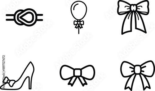 set of hand drawn line art icons with bows and ribbons and a high heel shoe